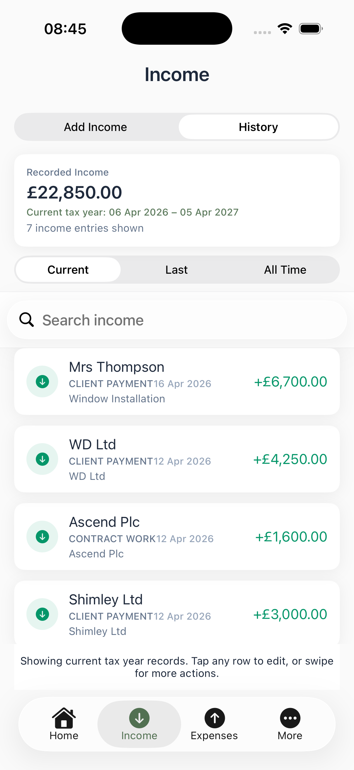 QuikTax income history screen showing client payments