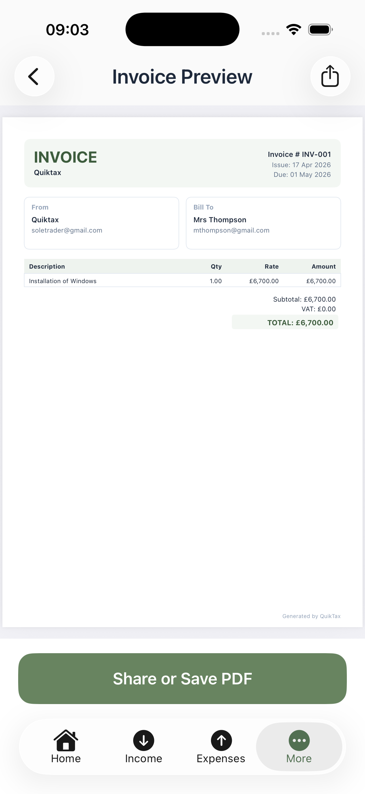 QuikTax invoice preview screen