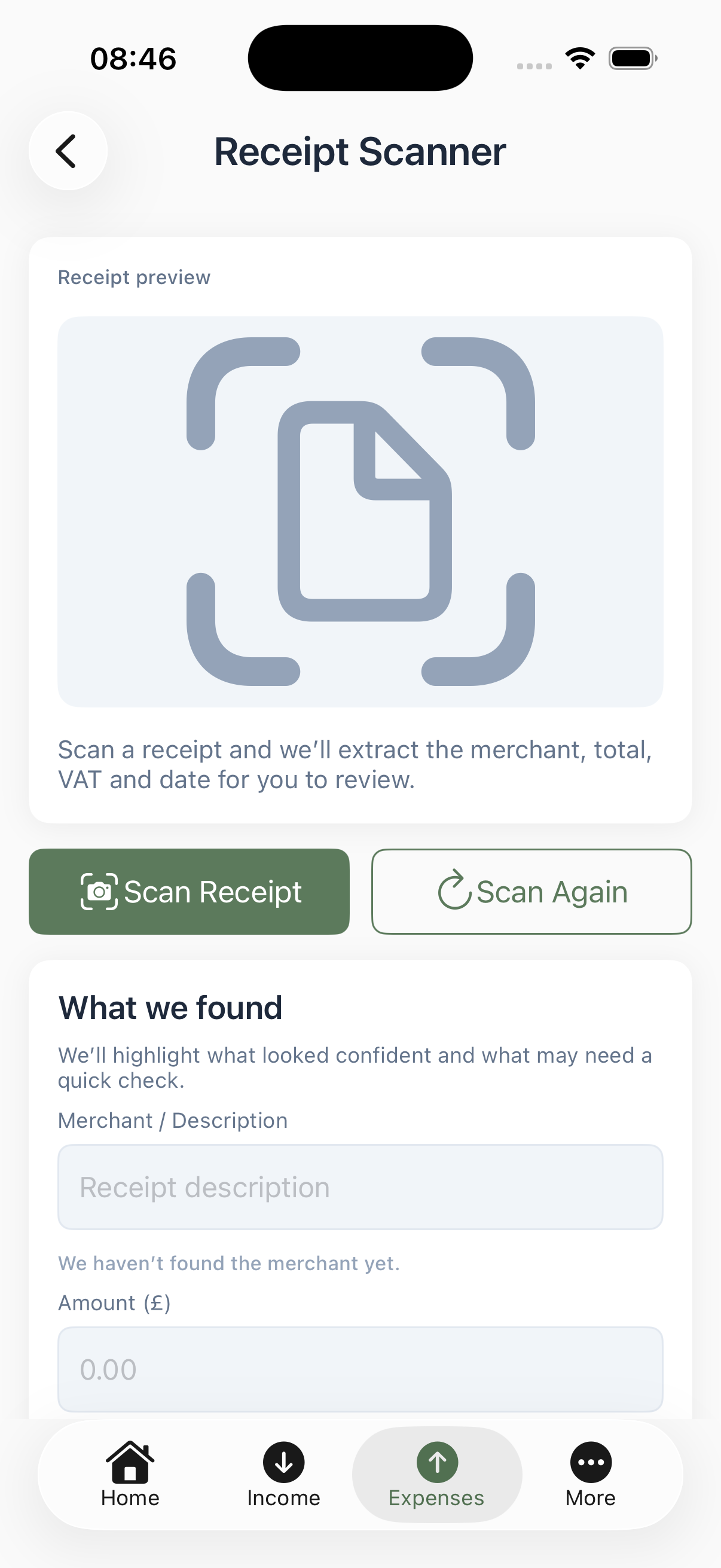 QuikTax receipt scanner screen